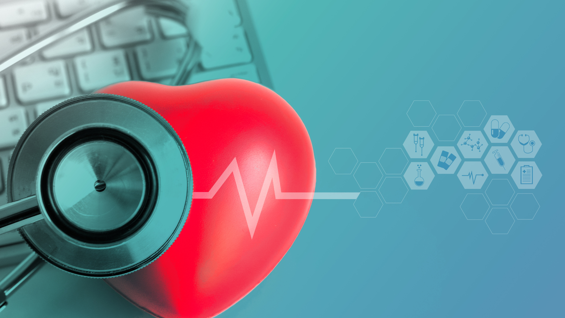 A red toy heart with a stethoscope sits on a keyboard on a blue background, with a heart rhythm and health data icons superimposed over the image, representing AI in population health management.
