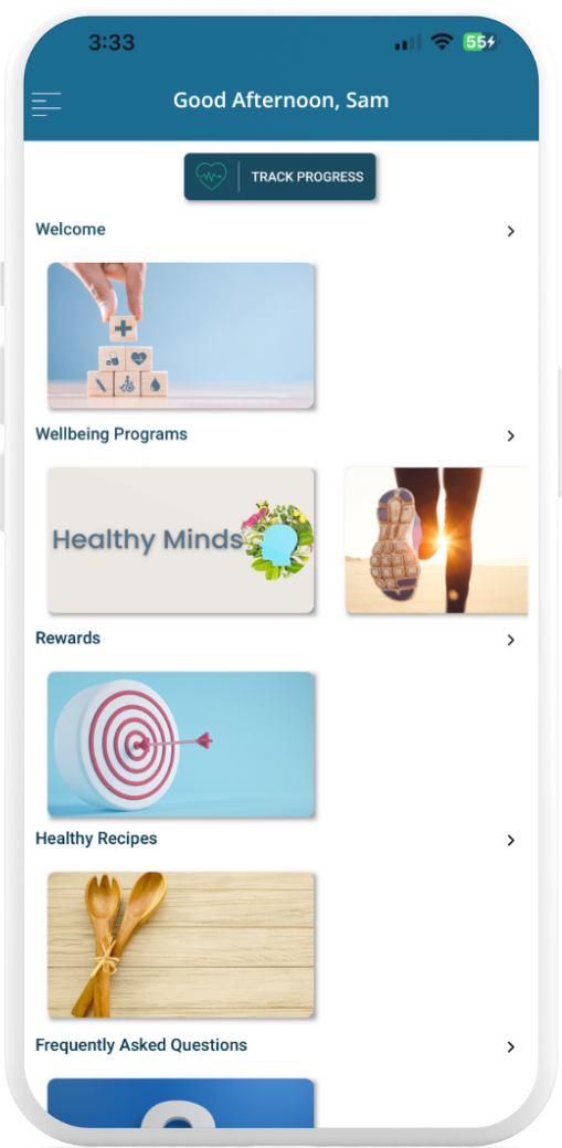 A screenshot of the inHealth Wellbeing app Today screen on a smartphone, featuring wellbeing program information.